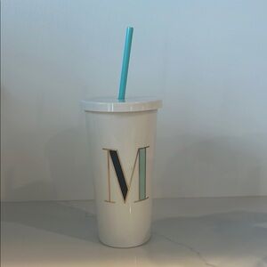 Kate Spade New York Monogrammed White Tumbler with Teal Straw